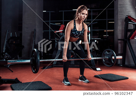 One young woman working hard in the gym. She is lifting weights. One young woman working hard in the gym. She is lifting weights. 96102347