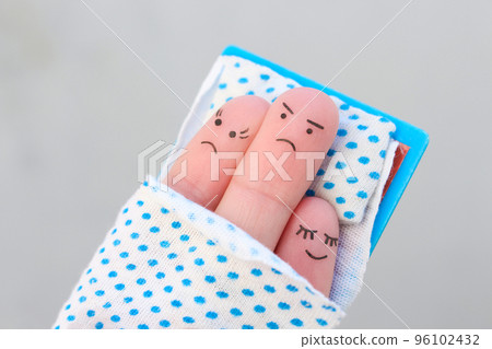 Fingers art of family sleep together. Concept of child prevents parents from sleeping. Fingers art of family sleep together. Concept of child prevents parents from sleeping. 96102432