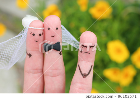 Fingers art of Happy couple to get married. Other woman upset. 96102571