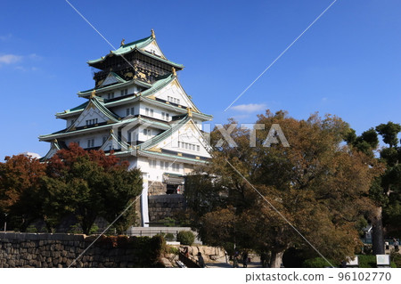 Japanese castle: Osaka castle tower and autumn leaves scenery in Osaka city 96102770