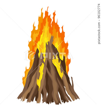 Fireplace campfire type. Burning wood, travel and adventure symbol. Vector bonfire or woodfire in cartoon flat style. Tourist bonfires in stack 96102774