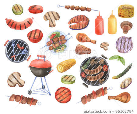 BBQ watercolor set. Grilled meat, sausages, fish steak and chicken. Cooked picnic vegetables isolated on white. Barbecue collection 96102794