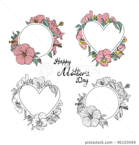 Elegant hand drawn round and heart shape floral frames set. Doodle pansy and hibiscus flowers monochrome and colorful frames Elegant hand drawn round and heart shape floral frames set. Doodle pansy and hibiscus flowers monochrome and colorful frames 96103099