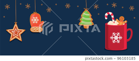 christmas card with hanging gingerbread cookies and cocoa drink 96103185