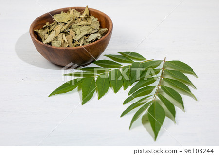 Curry leaves (dried and fresh): The leaves of the curry tree. Used as a spice in India 96103244