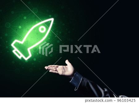 Man palm presenting Rocket web icon as technology concept Man palm presenting Rocket web icon as technology concept 96103425
