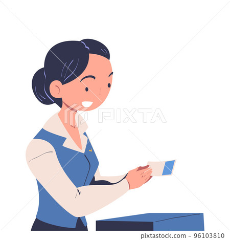 Friendly Woman Airline Worker at Airport Check-in Desk or Counter Vector Illustration 96103810