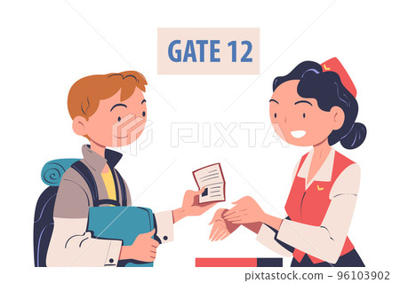 Man Character at the Airport Gate with Backpack and Passport Boarding Plane Vector Illustration Man Character at the Airport Gate with Backpack and Passport Boarding Plane Vector Illustration 96103902