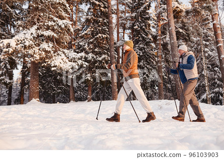 Active Senior Couple Walking in Winter Forest Active Senior Couple Walking in Winter Forest 96103903