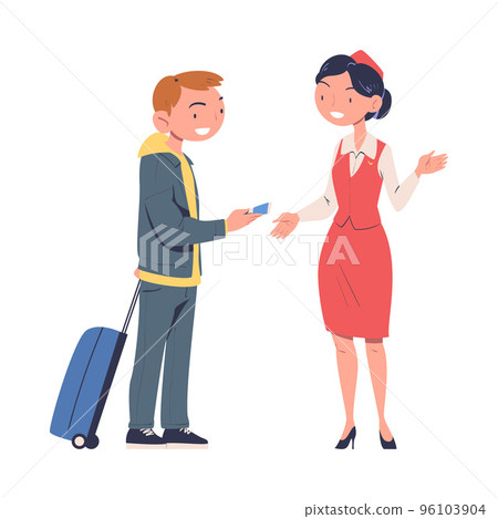 Man Character at the Airport Gate with Luggage Boarding Plane with Ticket Vector Illustration 96103904