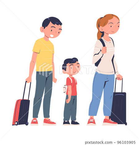 Smiling Man and Woman Parents with Kid Standing with Suitcase at the Airport Boarding Plane Vector Illustration Smiling Man and Woman Parents with Kid Standing with Suitcase at the Airport Boarding Plane Vector Illustration 96103905