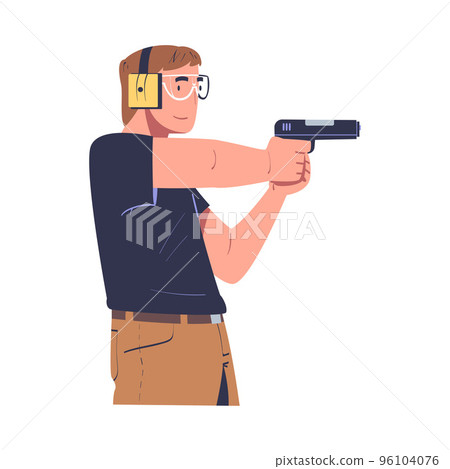 Young man in ear protectors and glasses aiming with gun. Man holding gun and training in tactical shooting cartoon vector illustration Young man in ear protectors and glasses aiming with gun. Man holding gun and training in tactical shooting cartoon vector illustration 96104076