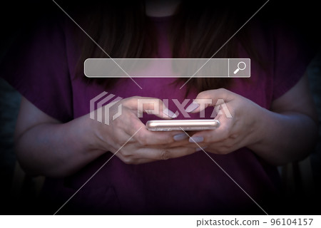 Hand of woman working with mobile phone. Searching Browsing Internet Data Information with blank search bar.Search Engine Optimization SEO Networking Concept.. 96104157