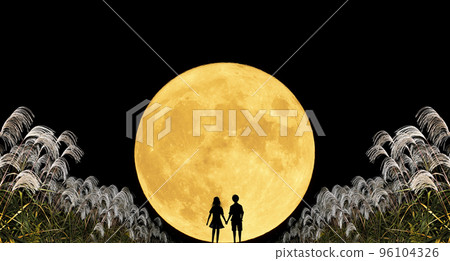 Silhouette of a couple watching the moon. An image of an autumn evening. Mid-Autumn Moon, pampas grass, and a young couple. 96104326