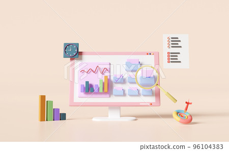 computer with charts graph,analysis business financial data,target,darts,magnifying glass,folder isolated on pink background.Online marketing,business strategy concept,3d illustration,3d render 96104383