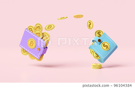wallet with bitcoin,dollar,coins isolated on pink background.currency exchange,saving money concept,3d illustration or 3d render 96104384