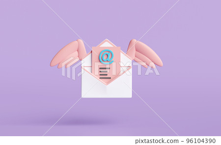 Flying open envelope with wings isolated on purple background.notify newsletter,online incoming email concept,3d illustration or 3d render 96104390