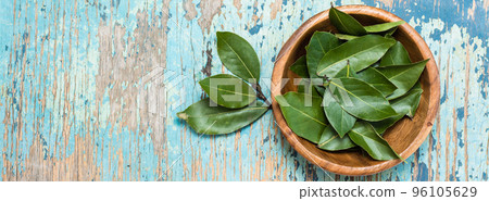 Fresh leaves of bay leaves in a bowl and next to it on a wooden rustic table. Top view. Web banner. Copy space Fresh leaves of bay leaves in a bowl and next to it on a wooden rustic table. Top view. Web banner. Copy space 96105629
