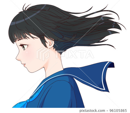 側身女學生的彩色插圖，頭髮在風中飄揚，長發，黑髮，藍絲帶 96105865