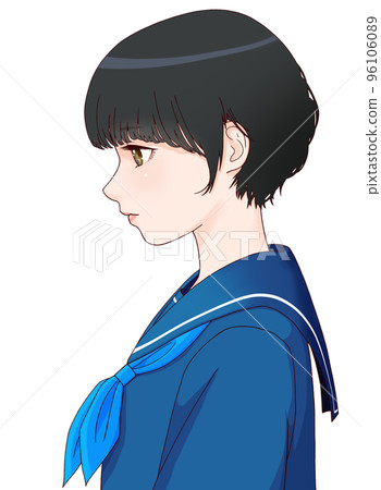 一個側身女學生的彩色插圖，她的頭朝下，短髮 = 黑色，絲帶 = 藍色 96106089