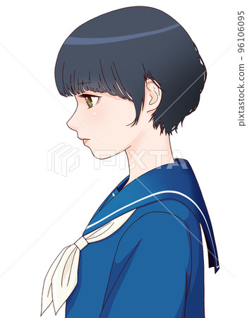 一個側身女學生的彩色插圖，頭朝下，短髮絲帶 = 白色 96106095
