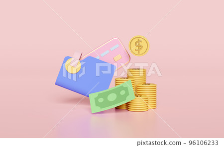 pile stacked dollar coin with wallet, banknotes, credit card isolated on pink background. online shopping, cashless payment concept, 3d illustration, 3d render pile stacked dollar coin with wallet, banknotes, credit card isolated on pink background. online shopping, cashless payment concept, 3d illustration, 3d render 96106233