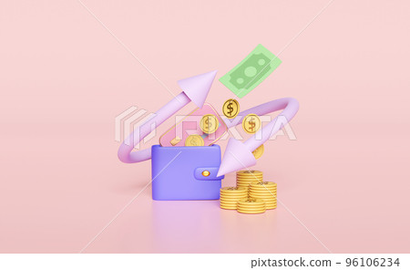3d wallet with banknote, stacked coin money isolated on pink background. transfer arrows, cashback, saving money wealth business concept, 3d render illustration 3d wallet with banknote, stacked coin money isolated on pink background. transfer arrows, cashback, saving money wealth business concept, 3d render illustration 96106234