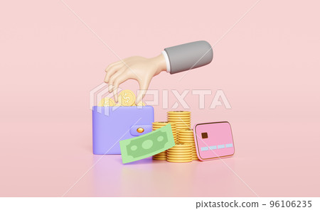 businessman hands holding dollar coin with pile stacked coin, wallet, banknotes, credit card isolated on pink background. saving money, cashless payment concept, 3d illustration, 3d render businessman hands holding dollar coin with pile stacked coin, wallet, banknotes, credit card isolated on pink background. saving money, cashless payment concept, 3d illustration, 3d render 96106235