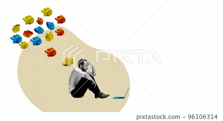 Contemporary art collage. Creative design. Young man sitting with laptop in despair and working on new project 96106314