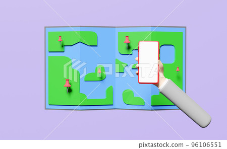 3d businessman hands holding red mobile phone, smartphone with map, pin isolated on purple. abstract background, map earth travel, online business concept, 3d render illustration 96106551