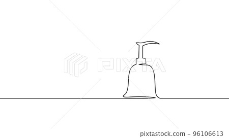 Hand sanitizer gel bottle dosator. One continuous line art doodle sketch. Antiseptic bacteria virus infection hand wash hygienic foam vector illustration 96106613