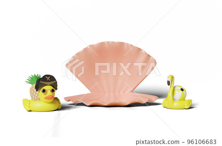 3d summer travel concept with shell,duck, flamingo 96106683