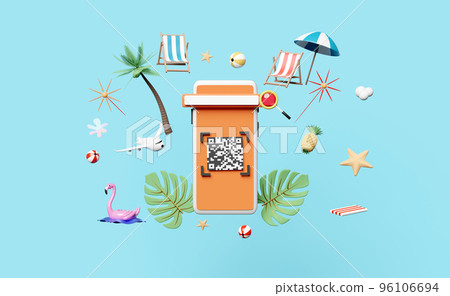 mobile phone, smartphone with palms, beach chair, qr code scanning, plane isolated on blue background. web search, online shopping, summer travel vacation concept, 3d illustration or 3d render mobile phone, smartphone with palms, beach chair, qr code scanning, plane isolated on blue background. web search, online shopping, summer travel vacation concept, 3d illustration or 3d render 96106694