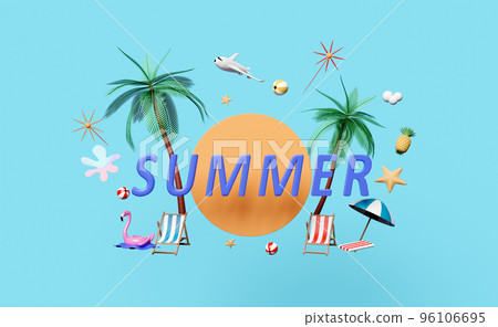 summer travel with beach chair, ball, umbrella, plane, inflatable flamingo, coconut palm tree, starfish, pineapple isolated on blue. abstract background, 3d illustration or 3d render summer travel with beach chair, ball, umbrella, plane, inflatable flamingo, coconut palm tree, starfish, pineapple isolated on blue. abstract background, 3d illustration or 3d render 96106695