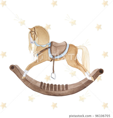 Watercolor illustration of vintage cute fairy tale children's toy rocking horse, stars, isolated 96106705