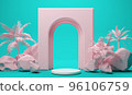3D rendering monochrome product podium with stones , palms and arch, design for cosmetics or product stand 96106759