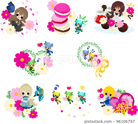 Lovely daily life illustration with cute little flower fairies and girls surrounded by cosmos 96106797
