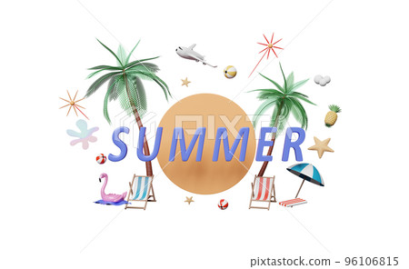 summer travel with beach chair, ball, umbrella, plane, inflatable flamingo, coconut palm tree, starfish, pineapple isolated. abstract background, 3d illustration or 3d render summer travel with beach chair, ball, umbrella, plane, inflatable flamingo, coconut palm tree, starfish, pineapple isolated. abstract background, 3d illustration or 3d render 96106815
