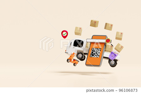 mobile phone, smartphone with truck, qr code scanning, goods cardboard box isolated on beige background. Online delivery, online order tracking, search data concept, 3d illustration, 3d render mobile phone, smartphone with truck, qr code scanning, goods cardboard box isolated on beige background. Online delivery, online order tracking, search data concept, 3d illustration, 3d render 96106873