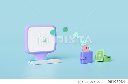 wallet and computer with coins,banknote stacks,credit card isolated on blue background.saving money concept,3d illustration or 3d render 96107084