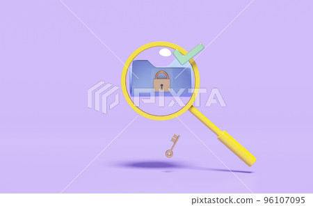 magnifying glass with unlock,lock,cloud folder isolated on purple background,minimal web data search engine concept,3d illustration or 3d render 96107095