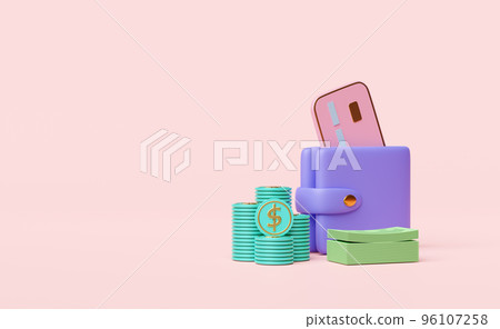 purple wallet with dollar coins stacks,banknote,credit card isolated on pink background.saving money concept,3d illustration or 3d render 96107258