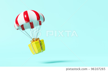parachute with yellow gift box isolated on blue background.concept 3d illustration or 3d render 96107265