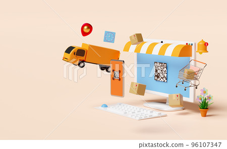 computer monitor with mobile phone,smartphone,truck,qr code scanning,goods cardboard box isolated on beige background.Online delivery,online order tracking concept,3d illustration,3d render 96107347