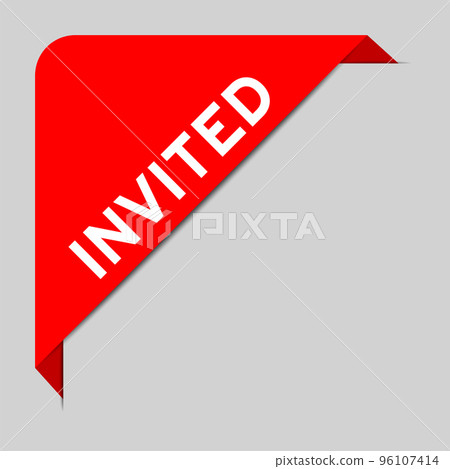 Red color of corner label banner with word invited on gray background 96107414