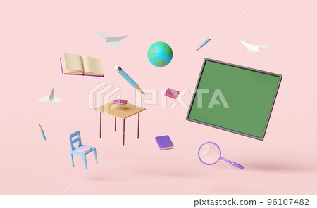 green blackboard with globe,paper plane,student desk,chair,magnifying,open book isolated on pink background.room online innovative education,e-learning concept,3d illustration or 3d render green blackboard with globe,paper plane,student desk,chair,magnifying,open book isolated on pink background.room online innovative education,e-learning concept,3d illustration or 3d render 96107482