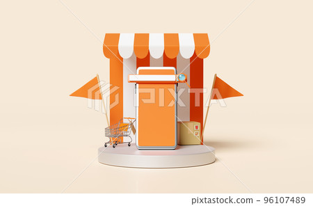 mobile phone,smartphone with stage podium,search bar,magnifying,shopping cart,flag,price tags,tent isolated on beige background.search engine,online shopping concept,3d illustration or 3d render 96107489