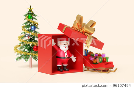 Santa claus with sleigh red open gift box,christmas tree isolated on beige background.website,poster or happiness cards,festive New Year concept,3d illustration or 3d render Santa claus with sleigh red open gift box,christmas tree isolated on beige background.website,poster or happiness cards,festive New Year concept,3d illustration or 3d render 96107494