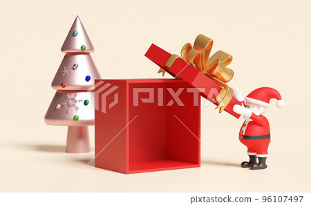 Santa claus with red open gift box empty,christmas tree isolated on beige background.website,poster or happiness cards,festive New Year concept,3d illustration or 3d render Santa claus with red open gift box empty,christmas tree isolated on beige background.website,poster or happiness cards,festive New Year concept,3d illustration or 3d render 96107497
