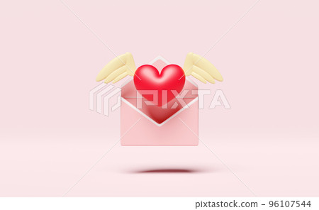 red heart with wings,flying envelope isolated on pink background.notify newsletter,online incoming email,health love or world heart day,valentine's day concept,3d illustration or 3d render 96107544